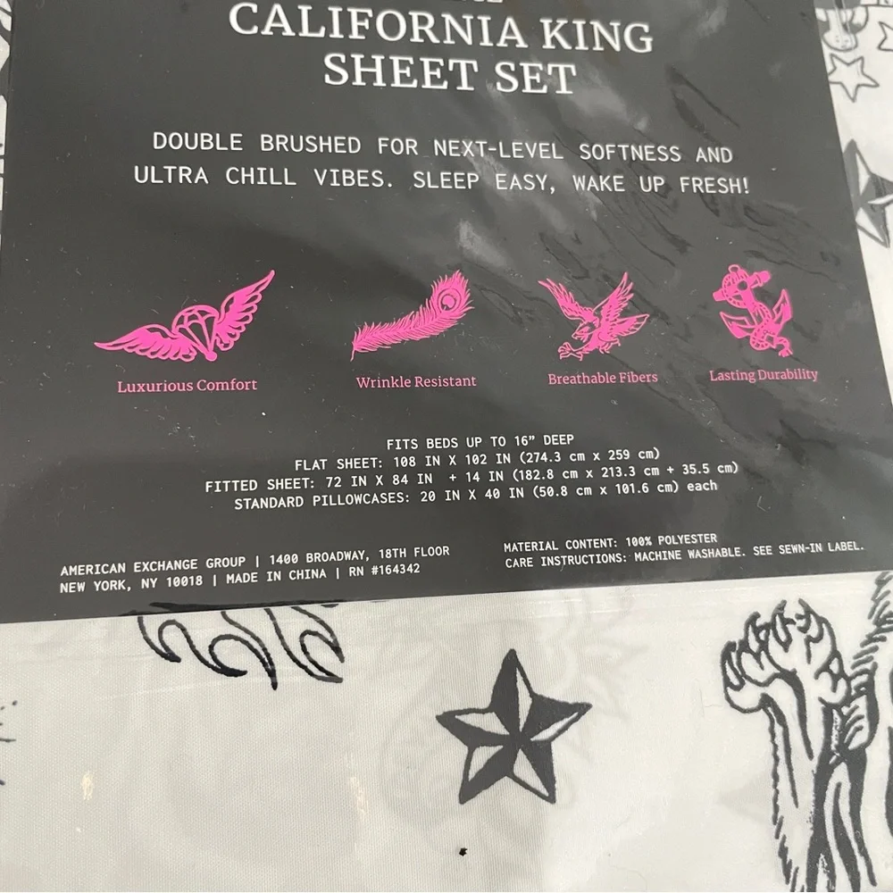 NEW Ed Hardy 6 Piece‎ California King Sheet Set Tattoo Graphic Print White Black